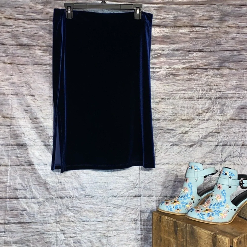Royal Blue Velour Pencil Skirt With Slits